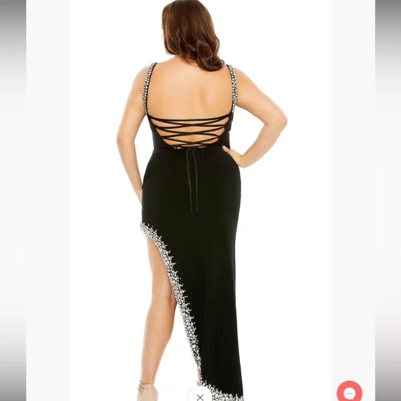Mac Duggal Asymmetrical Side Slit Lace Up Rhinestone Embellished Gown Size 20W